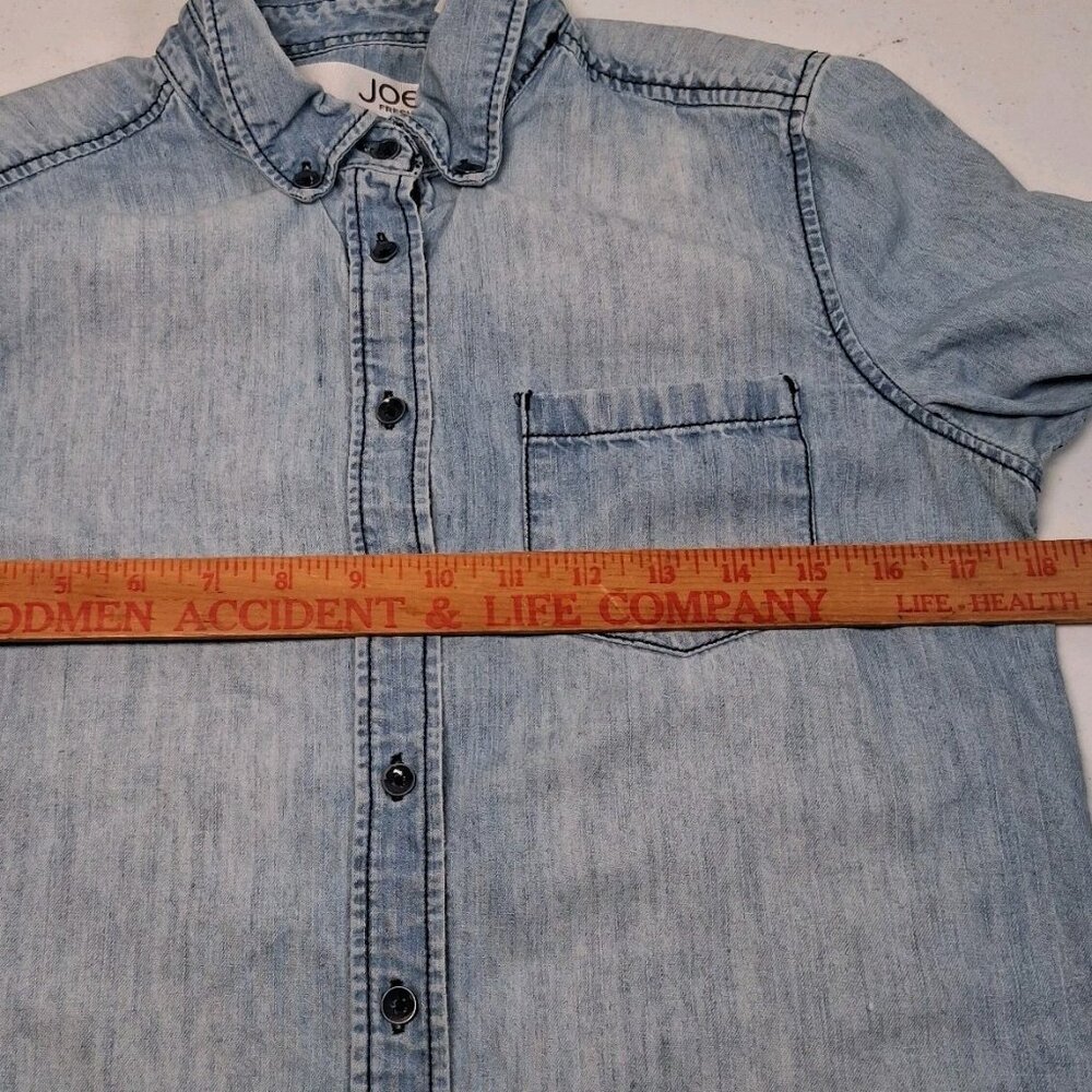Reworked Chambray Denim Shirt Small Farm Rooster Calico Cottagecore Farmer - Picture 5 of 16